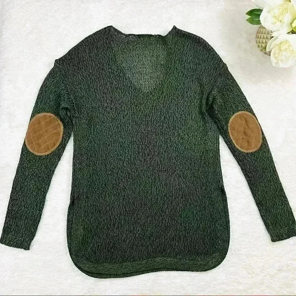 Harper Heritage Olive Green V-Neck Elbow Patch Oversized Sweater - Picture 2 of 16